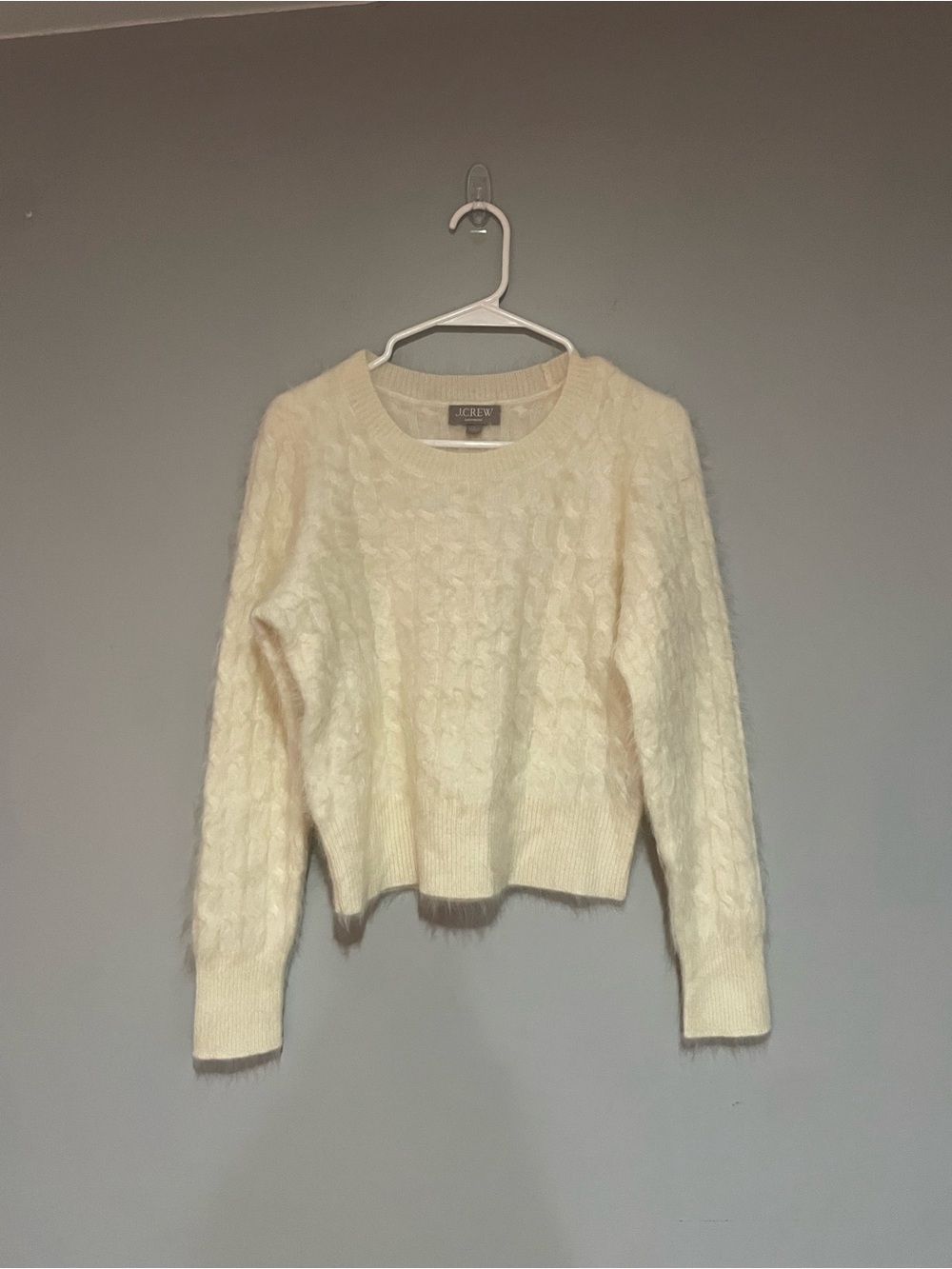 J. Crew Brushed / Fuzzy Ivory Cable Knit Crewneck Sweater